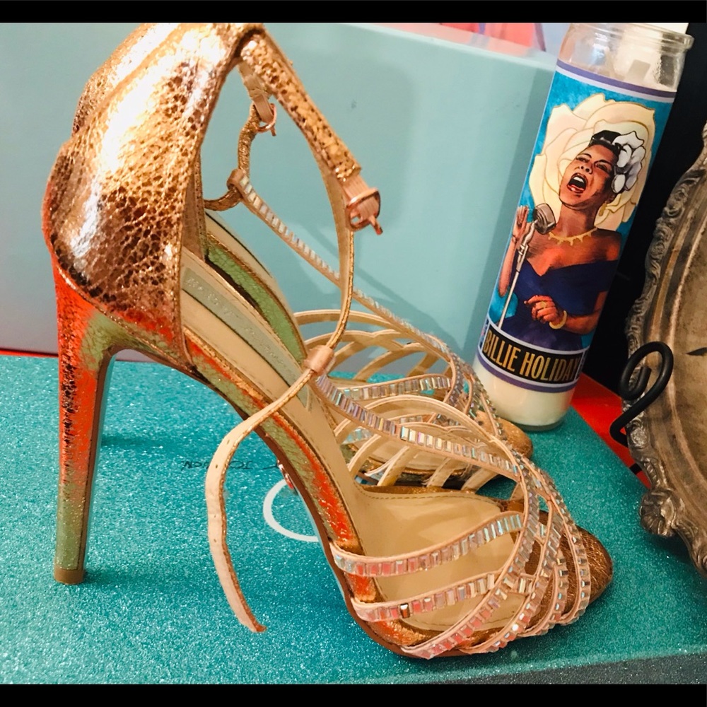 ROSE GOLD T-STRAP HEEL W/ BROKEN GLASS EMBELLISH